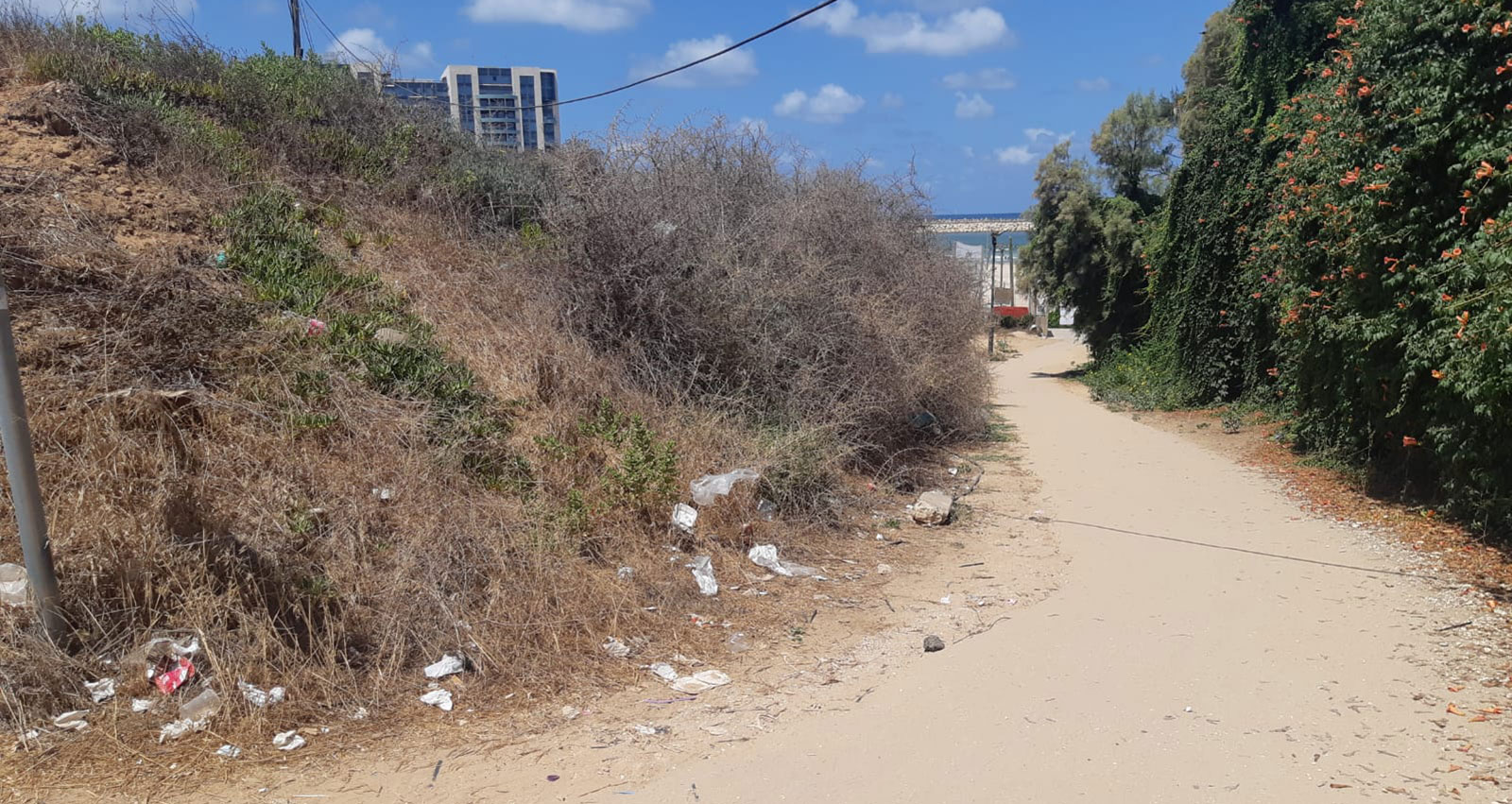 אשפה ולכלוך בשביל המוביל לכניסה לחוף אכדיה בהרצליה