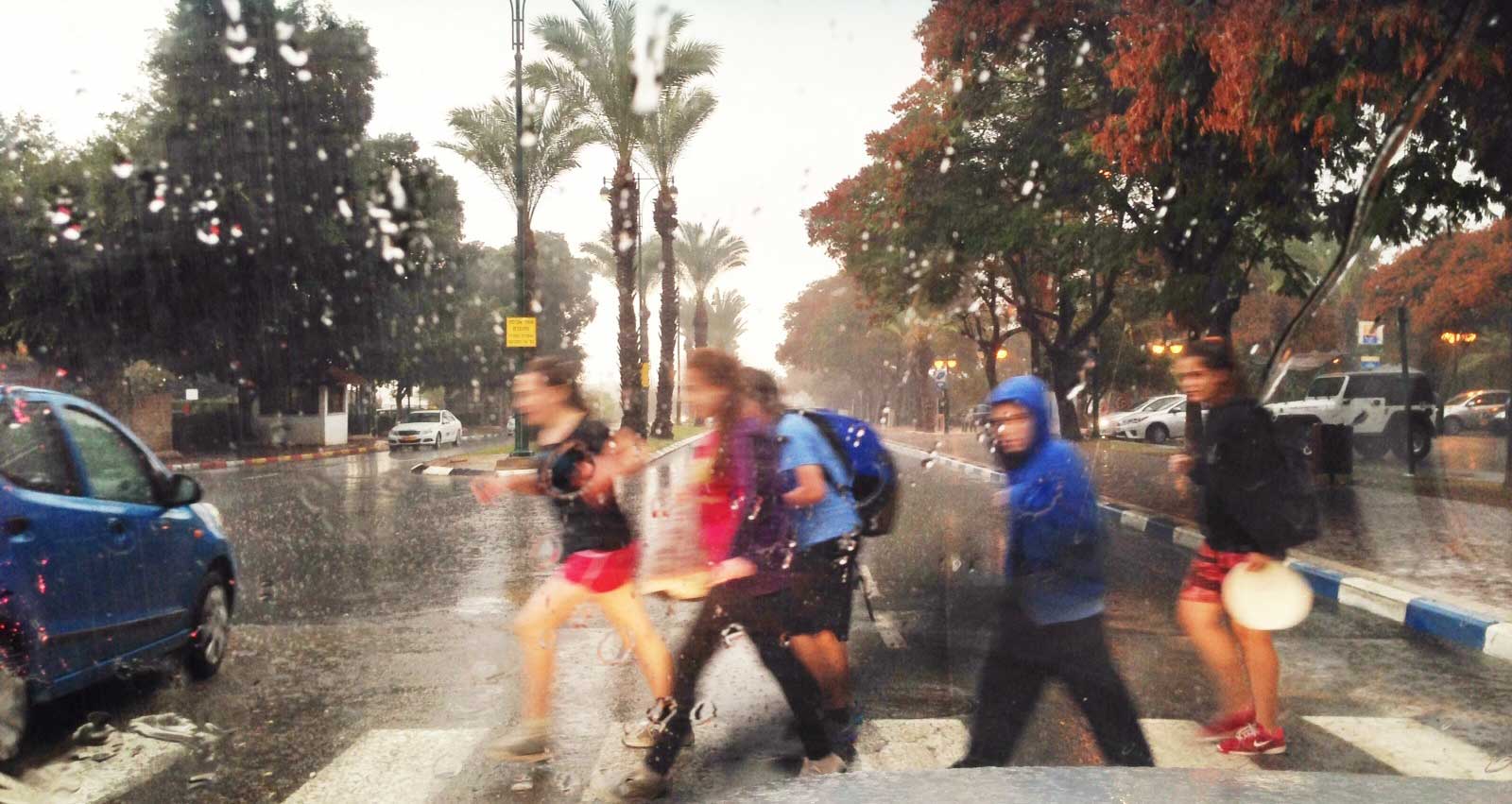 ילדים חוצים מעבר חציה בגשם