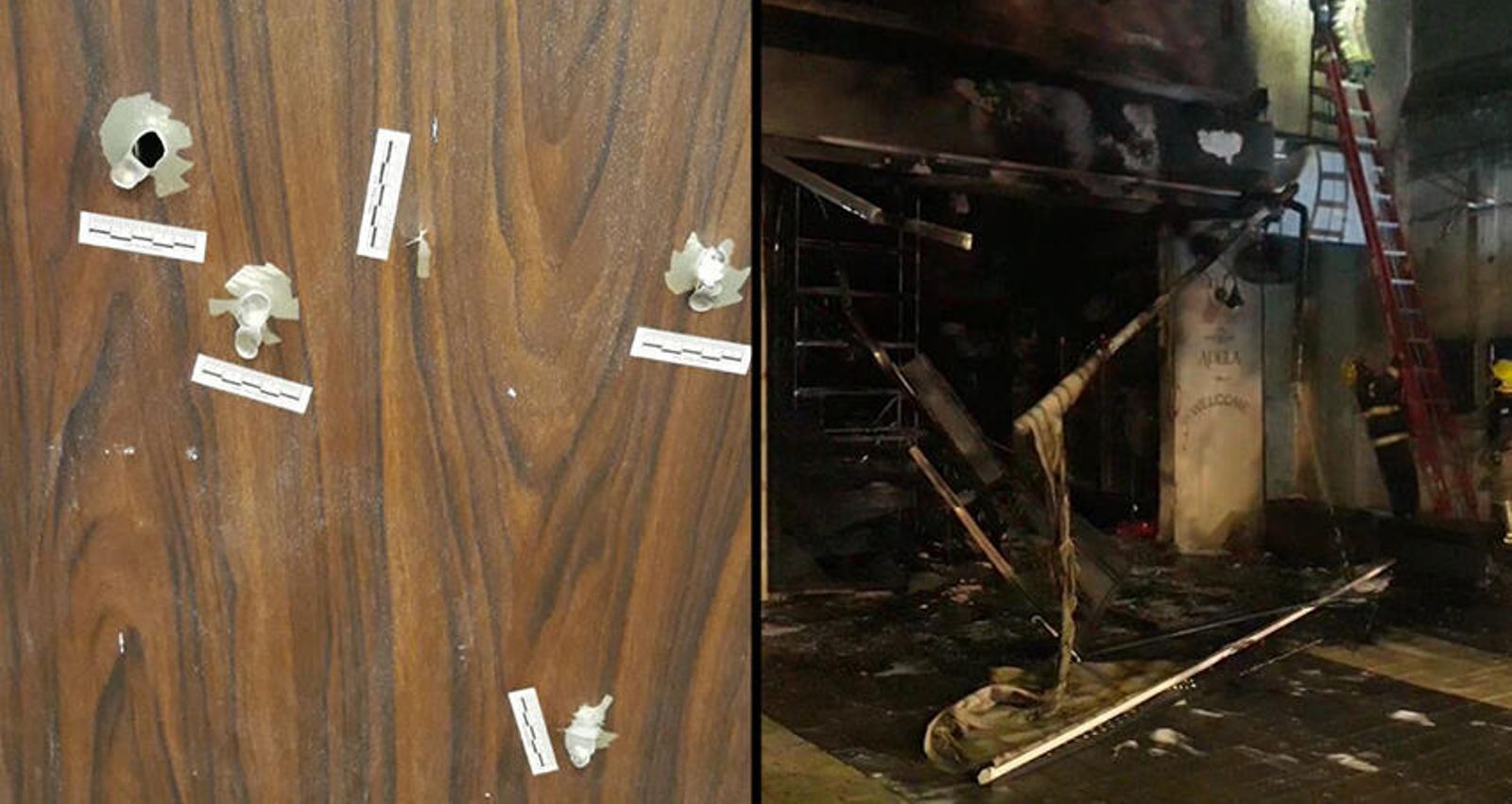 בית הקפה השרוף והקליעים על דלת הבית. צילום: דוברות כבאות והצלה