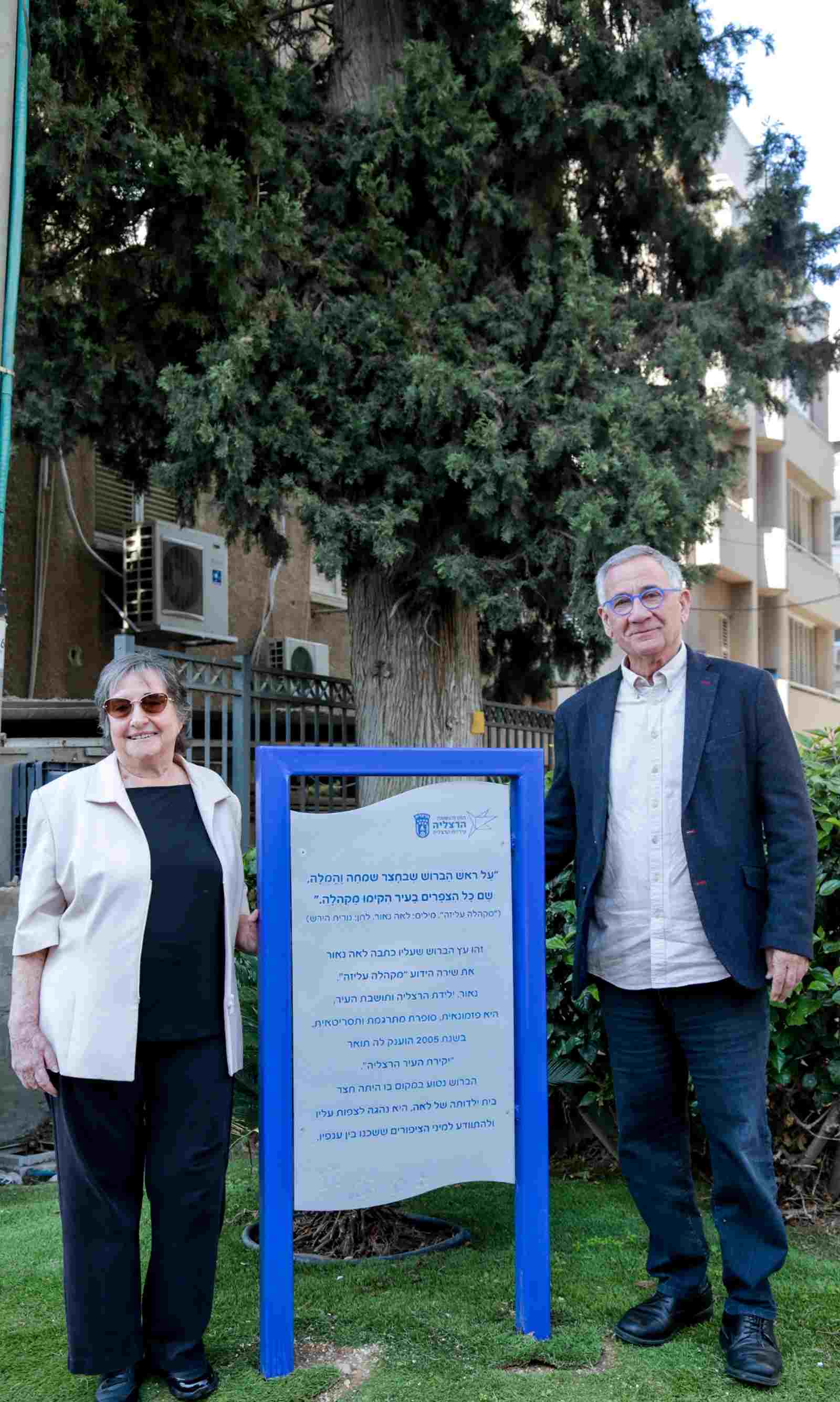 משה פדלון והמשוררת לאה נאור, ליד עץ הברוש המפורסם. צילום: שמואל טורס