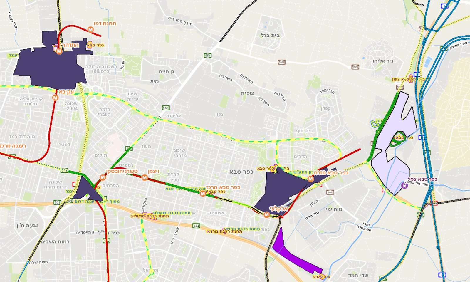 מפת תכנון נתיבי התחבורה הציבורית. איור: עיריית כפר סבא