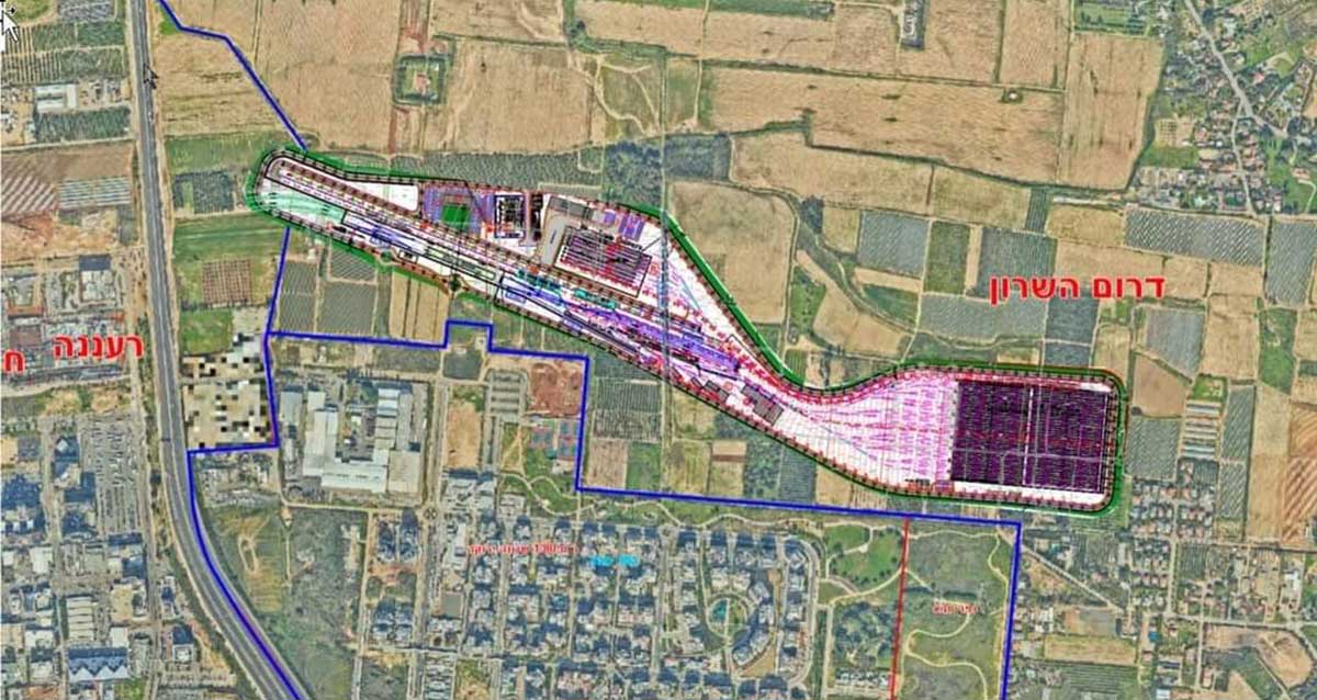 מפת תכנון מוסך הרכבות (דיפו) של המטרו בכפר סבא. בצמוד לשכונת המגורים