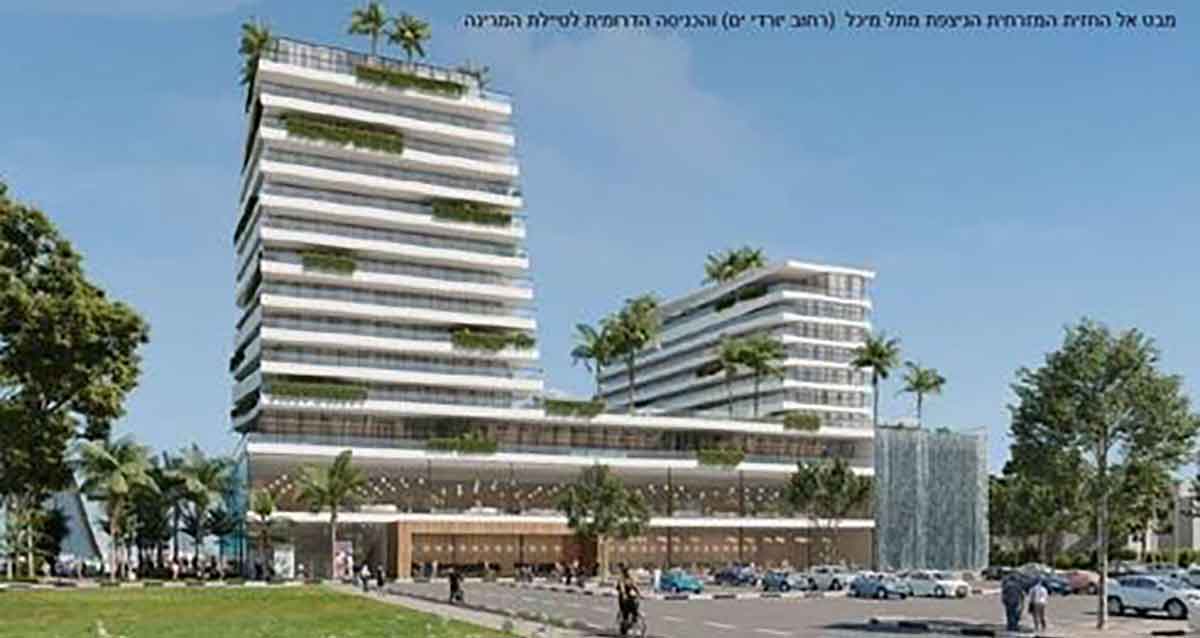 בית המלון החדש. הדמיה. מבט אל החזית המזרחית הניצפת מתל מיכל (רחוב יורדי ים) והכניסה הדרומית לטיילת המרינה