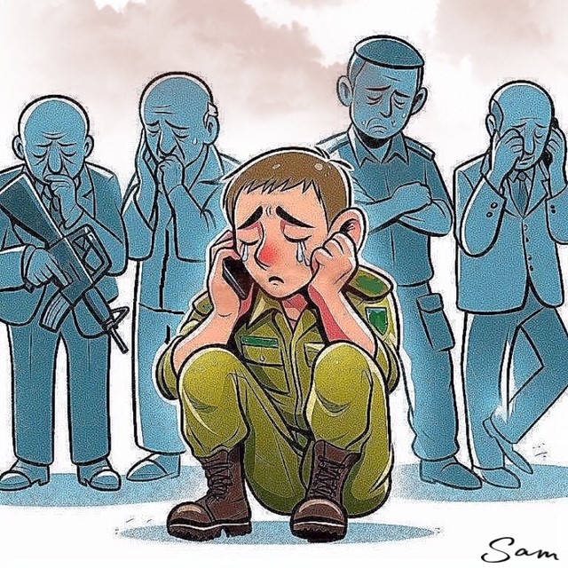 חייל בוכה בישיבת כריעה ומשוחח בטלפון ברקע דמויות בוכות . איור AI: שמואל אליעז