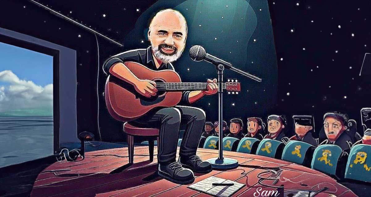 איור AI של דני רובס שר על במה ומנגל על גיטרה בפני קהל