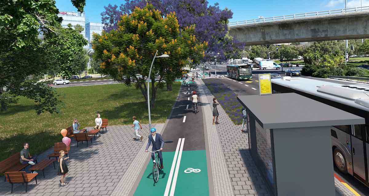 הדמייה של שביל האופניים באיזור מחלף גלילות בצמוד לכביש החוף