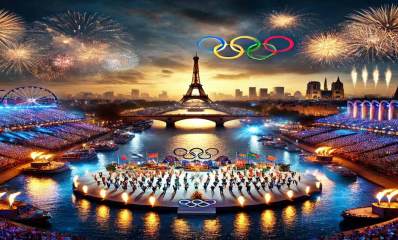 אילוסטרציה של טקס פתיחת האולימפיאדה על גדות נהר הסיין בפריז. עיבוד AI