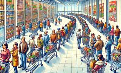 איור המחשה: תורים ארוכים בסופרמרקט. עיבוד AI