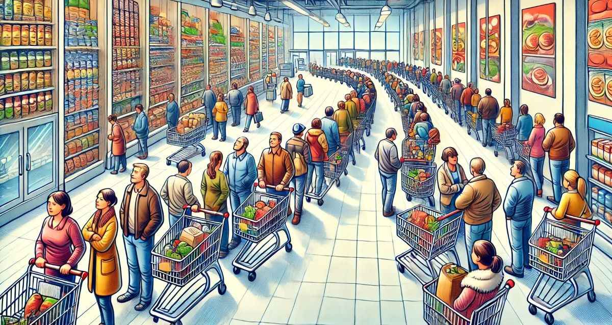 איור המחשה: תורים ארוכים בסופרמרקט. עיבוד AI