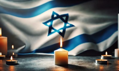 נר זיכרון על רקע דגל ישראל. עיבוד AI - מערכת