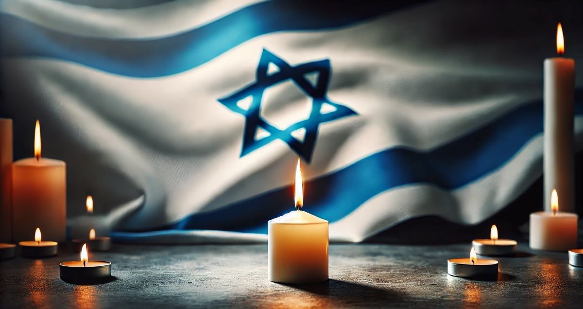 נר זיכרון על רקע דגל ישראל. עיבוד AI - מערכת