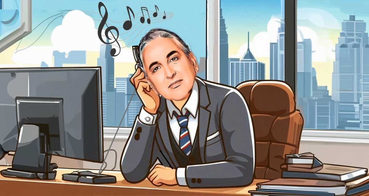 חיים ברוידא יושב במשרד מאזין למוזיקה ומולו מסך מחשב, ברקע ומעל לראשו תווים. איור AI: שמואל אליעז