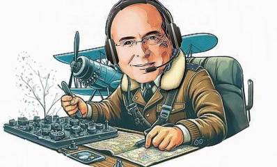 איור של איציק רוכברגר לבוש כטייס מטוס ישן חד מנועי דו כנפי. רוכן על מפות ומחזיק בידו פרופלור