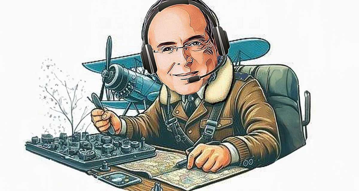 איור של איציק רוכברגר לבוש כטייס מטוס ישן חד מנועי דו כנפי. רוכן על מפות ומחזיק בידו פרופלור