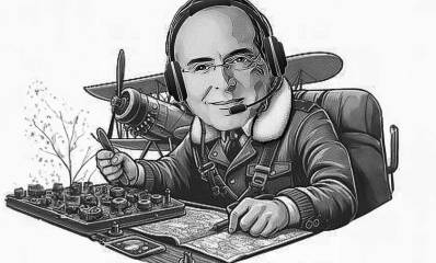 איור שחור לבן של איציק רוכברגר לבוש כטייס מטוס ישן חד מנועי דו כנפי. רוכן על מפות ומחזיק בידו פרופלור