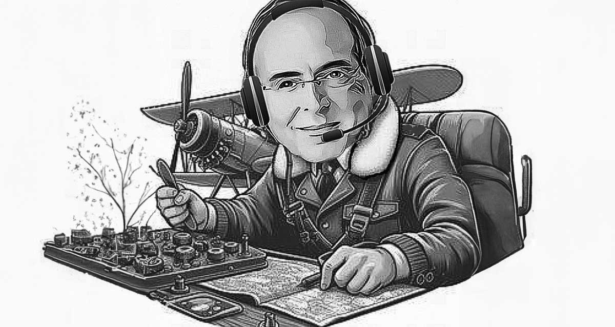 איור שחור לבן של איציק רוכברגר לבוש כטייס מטוס ישן חד מנועי דו כנפי. רוכן על מפות ומחזיק בידו פרופלור