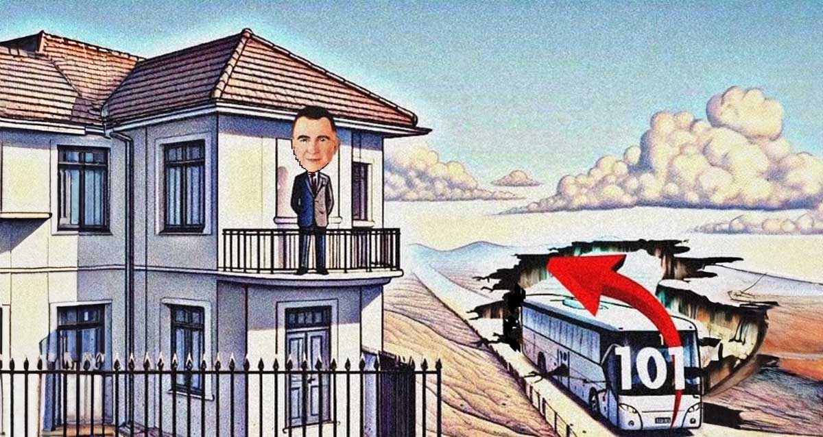 יולי אדלשטיין צופה ממרפסת הויילה, אוטובוס עם הסיפרה 101 על החלון הקדמי עם חץ לתהום פעורה. ברקע עננים. איור AI: שמואל אליעז