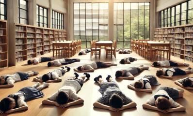 הדמיה: ילדים שוכבים בספריית בית הספר בעת אזעקה. עיבוד AI - מערכת