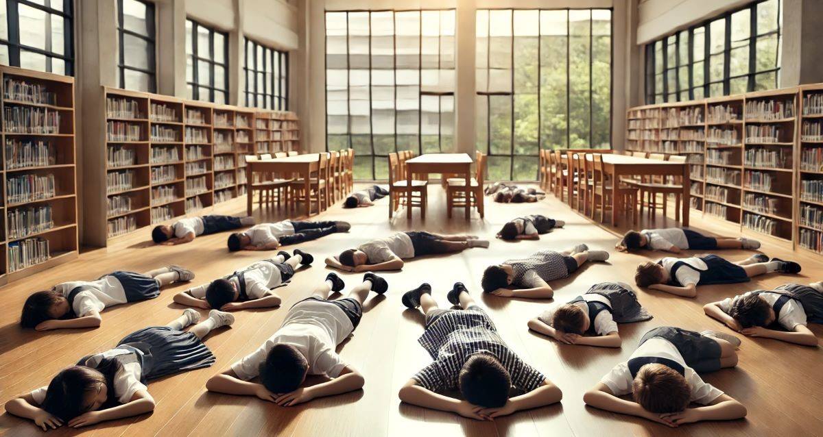 הדמיה: ילדים שוכבים בספריית בית הספר בעת אזעקה. עיבוד AI - מערכת