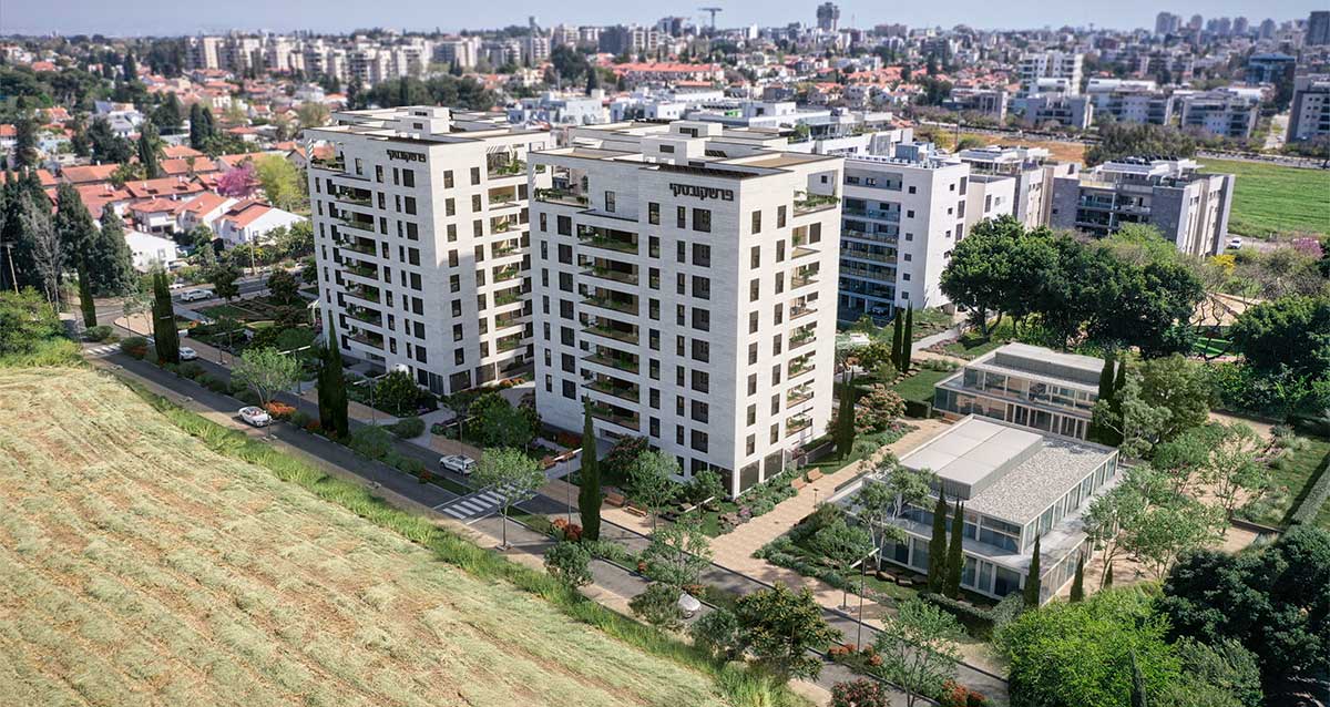 הדמיית רחפן של בניינים חדשים של חברת פרשקובסקי בגן רש"ל הרצליה. ליד שדות ומבט על השכונה