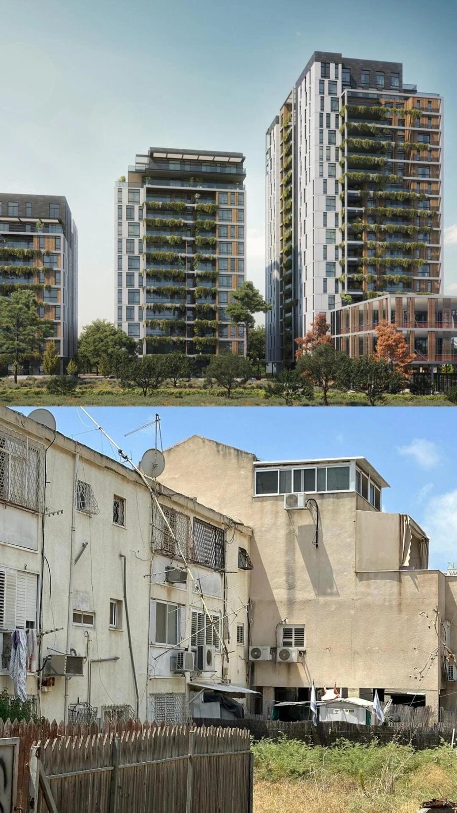 שיכון ויצמן בהרצליה לפני ההריסה (צילום) ואחרי (הדמיה). בחצי התחתון צילום של שני בתים של השיכון בני שלוש וארבע קומות. בחצי העליון הדמיה של השיכון אחרי, שלושה בנייני מגורים גדולים.