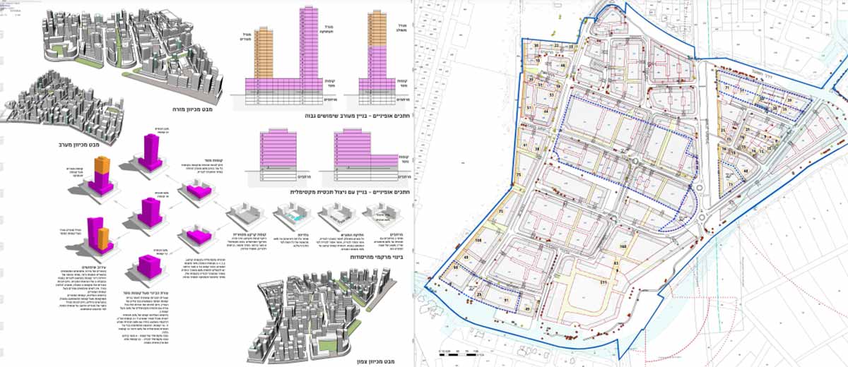 מפת אזור התעסוקה פארק המוביל בצד ימין, ומצד שמאל הדמיות של האזור ושל הבניינים באזור התעסוקה.