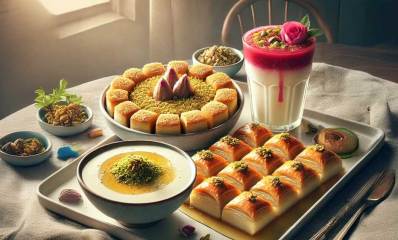 מלבי, כנאפה ובקלאוה על שולחן, הכנאפה על צלחת שטוחה, המלבי בכוס זכוכית והכנאפה בקערה.