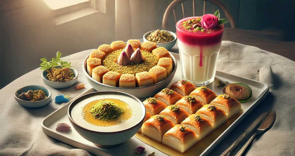 מלבי, כנאפה ובקלאוה על שולחן, הכנאפה על צלחת שטוחה, המלבי בכוס זכוכית והכנאפה בקערה.