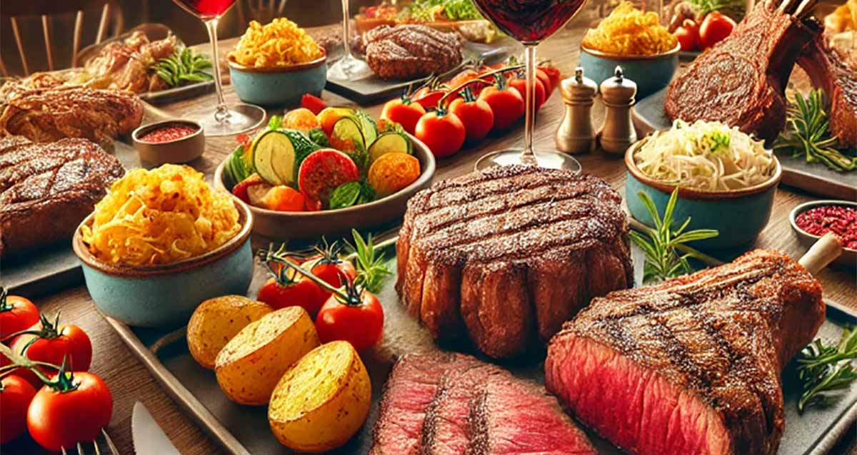 מסעדת בשר בשרון. על מגש מרובע גדול מונחים סוגים שונים של בשרים, ושלוש קערות עם ירקות. על המגש מונחות עגבניות ותפוחי אדמה. מסביב למגש עוד מגשים קטנים עם בשרים ורטבים.