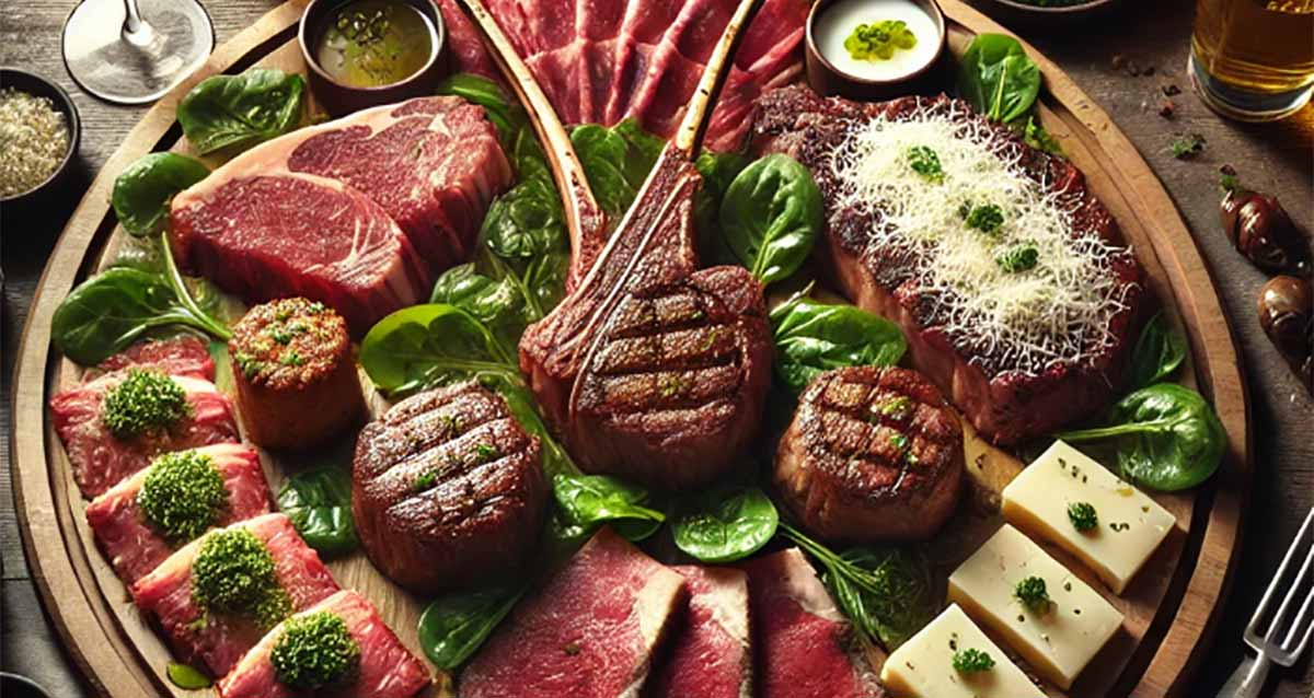 מסעדת בשר בשרון. על מגש עגול גדול מונחים סוגים שונים של בשרים, ובהיקף שתי קעריות עם רטבים. בין הבשרים עגבניות ועלים ירוקים.