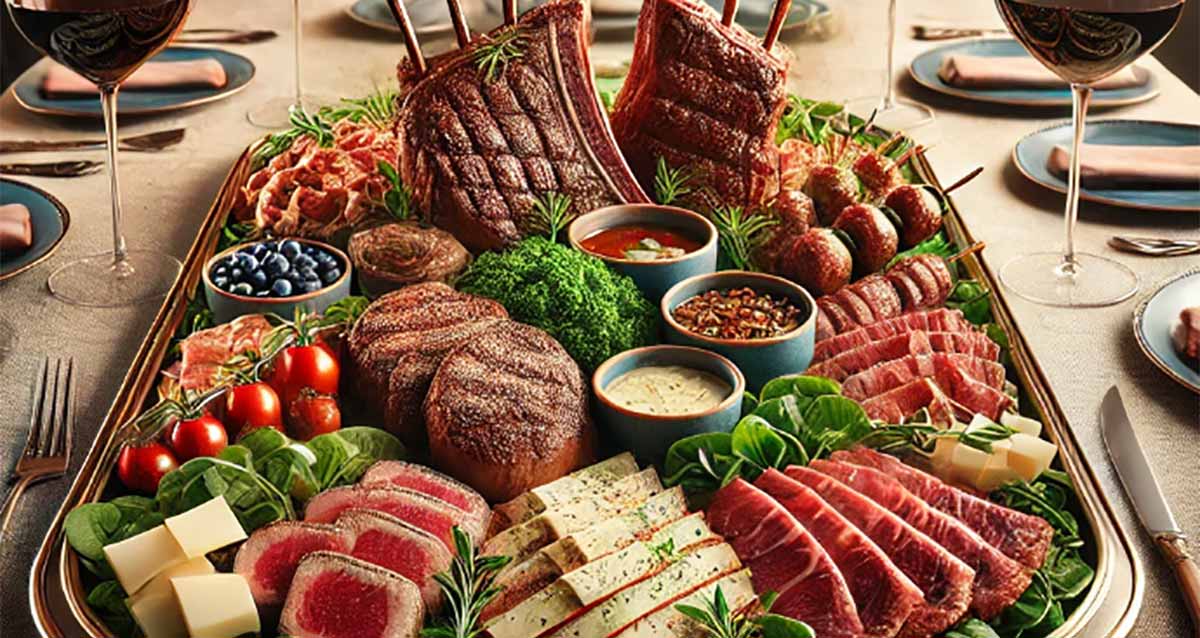 מסעדת בשר בשרון. על מגש מרובע גדול מונחים סוגים שונים של בשרים, ובאמצע שלוש קעריות עם רטבים. בין הבשרים עגבניות ועלים ירוקים.