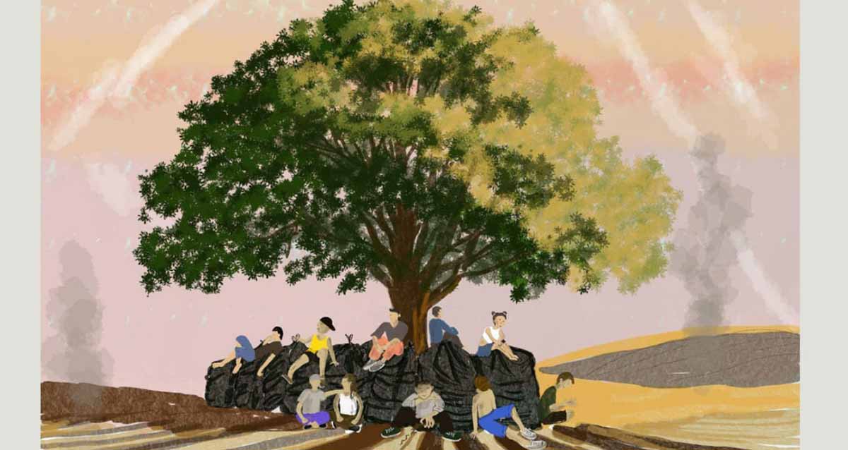 יצירה של יסמין מסטיי, שורדת נובה. ציור של עץ ענף ומתחתיו יושבים צעירות וצעירים.מימין גבעה.