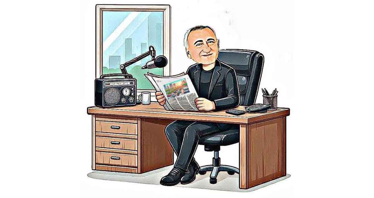 יהודה בן עזרא קורא עיתון במשרד ליד השולחן. איור AI: שמואל אליעז