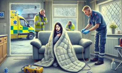 צעירה עם היפותרמיה מפונה מביתה. איור AI - מערכת