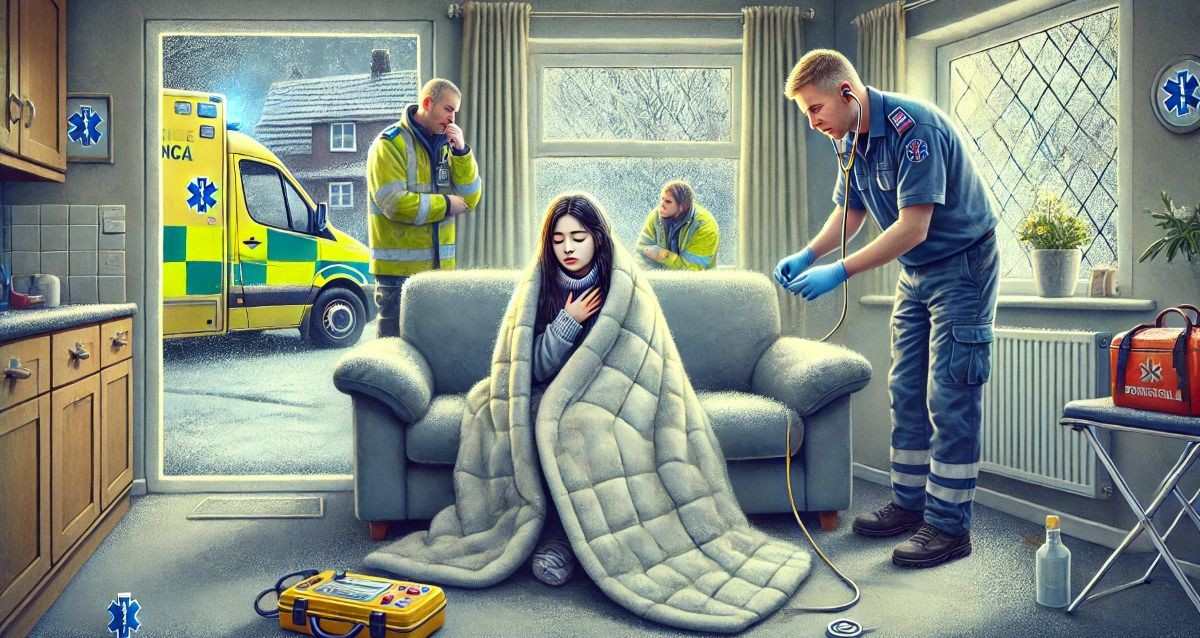 צעירה עם היפותרמיה מפונה מביתה. איור AI - מערכת