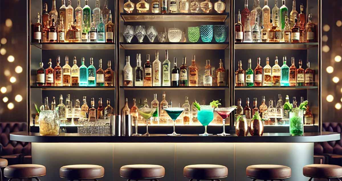 בר מעוצב. ארונית ליד הקיר עם ארבעה מדפים מלאים בבקבוקי יין. לפני הארונית שולחן בר עם קוקטיילים בכוסות וכוסיות. ולפני הבר כסאות בר גבוהים עם כרית ישיבה עגולה בצבע חום.