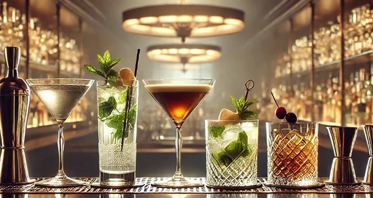 בר בהרצליה. שלוש כוסות עם קוקטיילים ושתי כוסיות יין עם קוקטיילים.