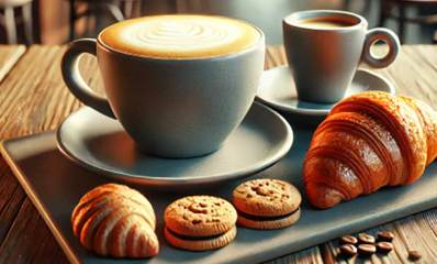 קפה ומאפה ברמת השרון. שני ספלים עם קפה ולידן בצלחת מלבנית מונחות ארבע עוגיות.