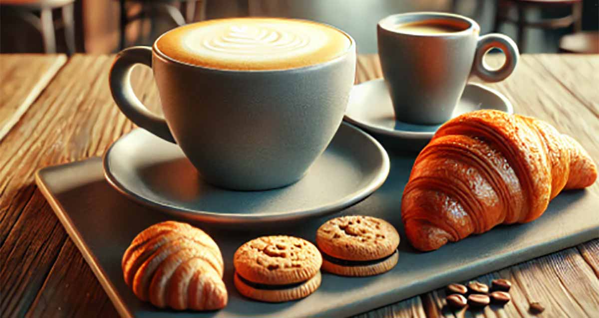 קפה ומאפה ברמת השרון. שני ספלים עם קפה ולידן בצלחת מלבנית מונחות ארבע עוגיות.