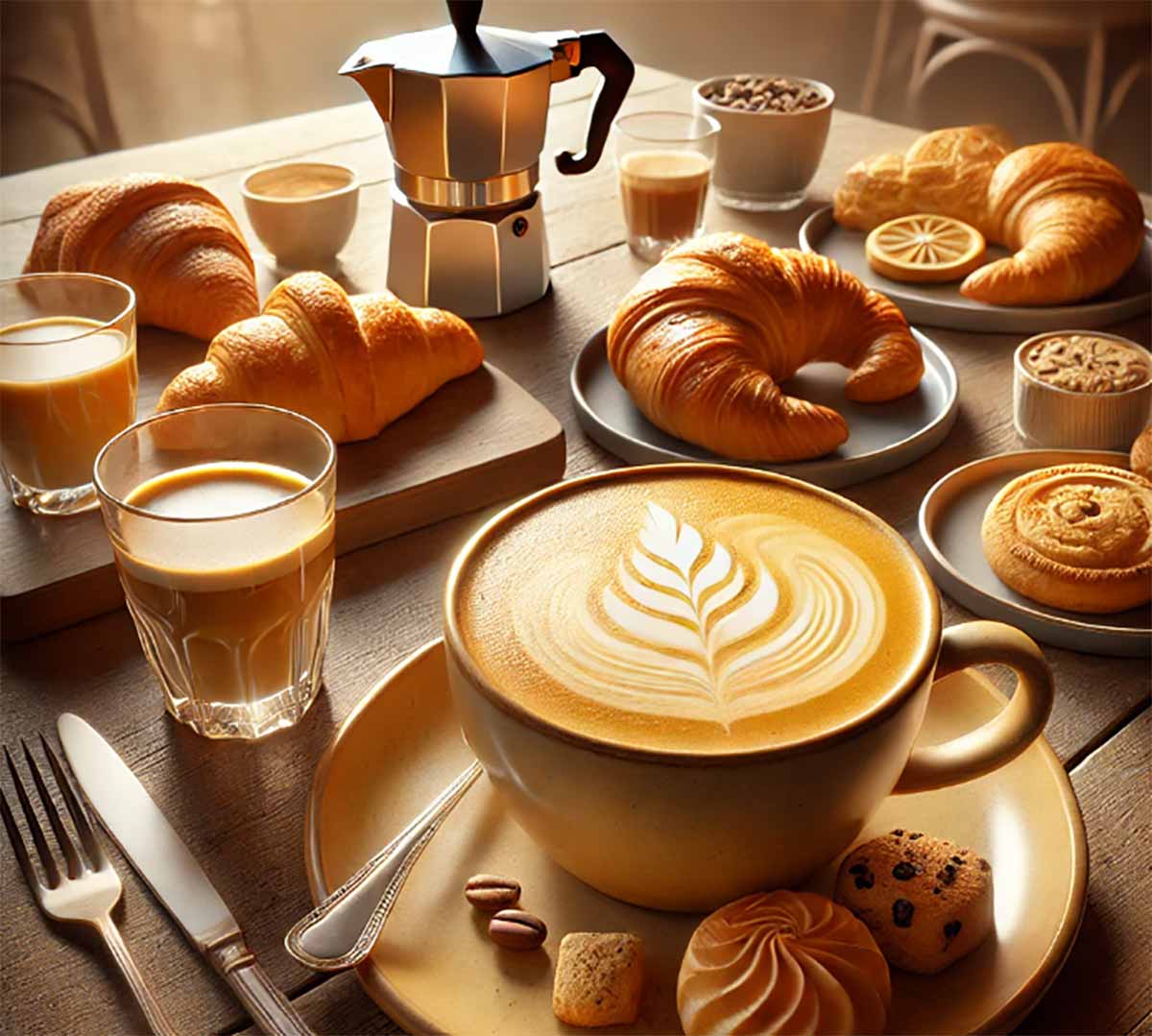 קפה ומאפה ברמת השרון. ספל ושתי כוסות עם קפה על שולחן. לידן עוגיות, קנקן קפה טכלי אוכל.