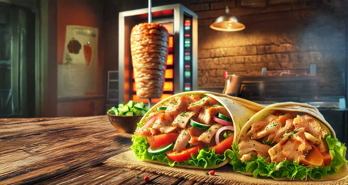 מסעדת שווארמה. עיבוד בינה מלאכותית. שווארמה על הגחלים