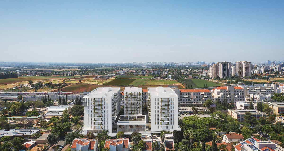 מעונות הסטודנטים המתוכננים בכפר סבא. חמישה בניינים גבוהים וביניהם בניין בן שתי קומות.