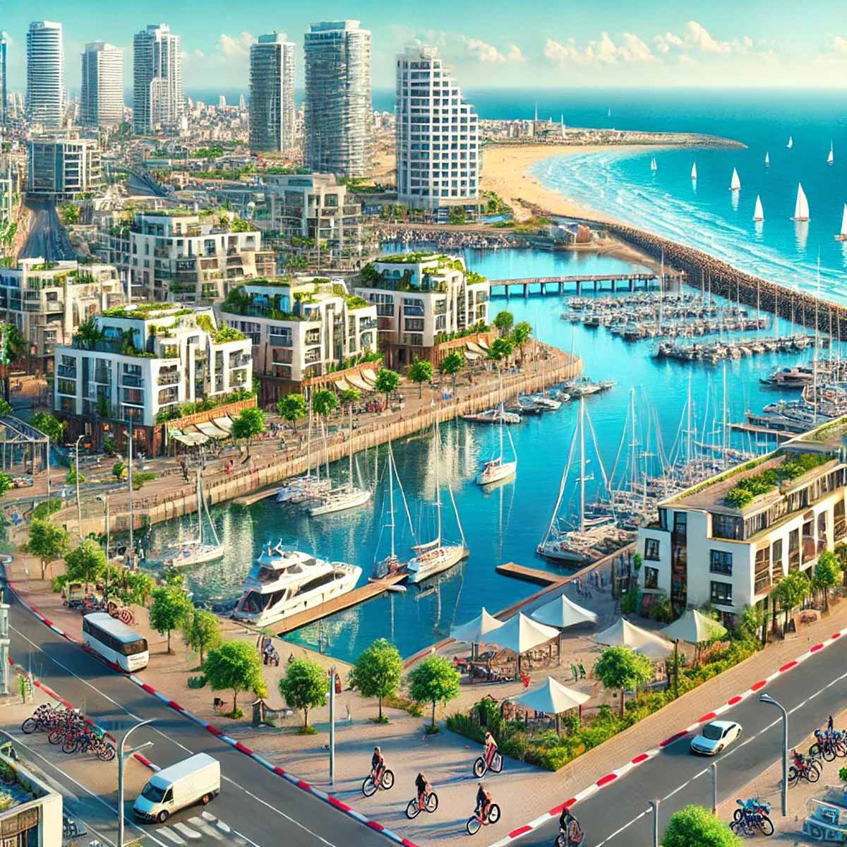 ציור של הרצליה בצ'אט ג'י.פי.טי. במרכז המרינה עם סירות. מימין הים התיכון ומשמאל בתי מגורים. ברקע מגדלי מגורים ומשרדים.