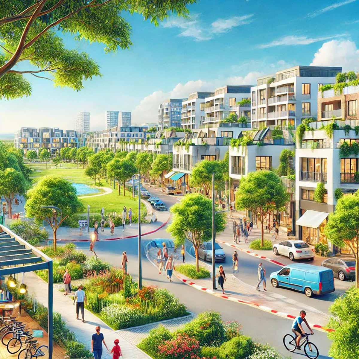 ציור של הוד השרון בצ'אט ג'י.פי.טי. משמאל פארק גדול עם אגם קטן. מימין בתי מגורים.