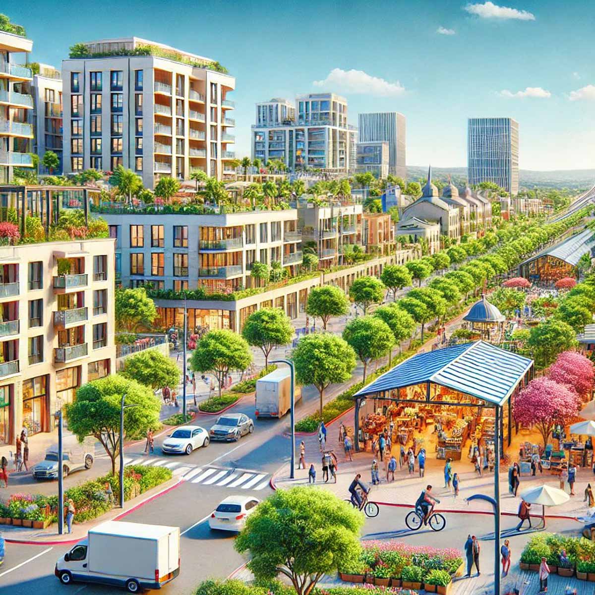 ציור של כפר סבא בצ'אט ג'י.פי.טי. במרכז הציור כביש עם שתי שורות של עצים. מימין מדרחוב עם דוכנים. משמאל בינייני מגורים.