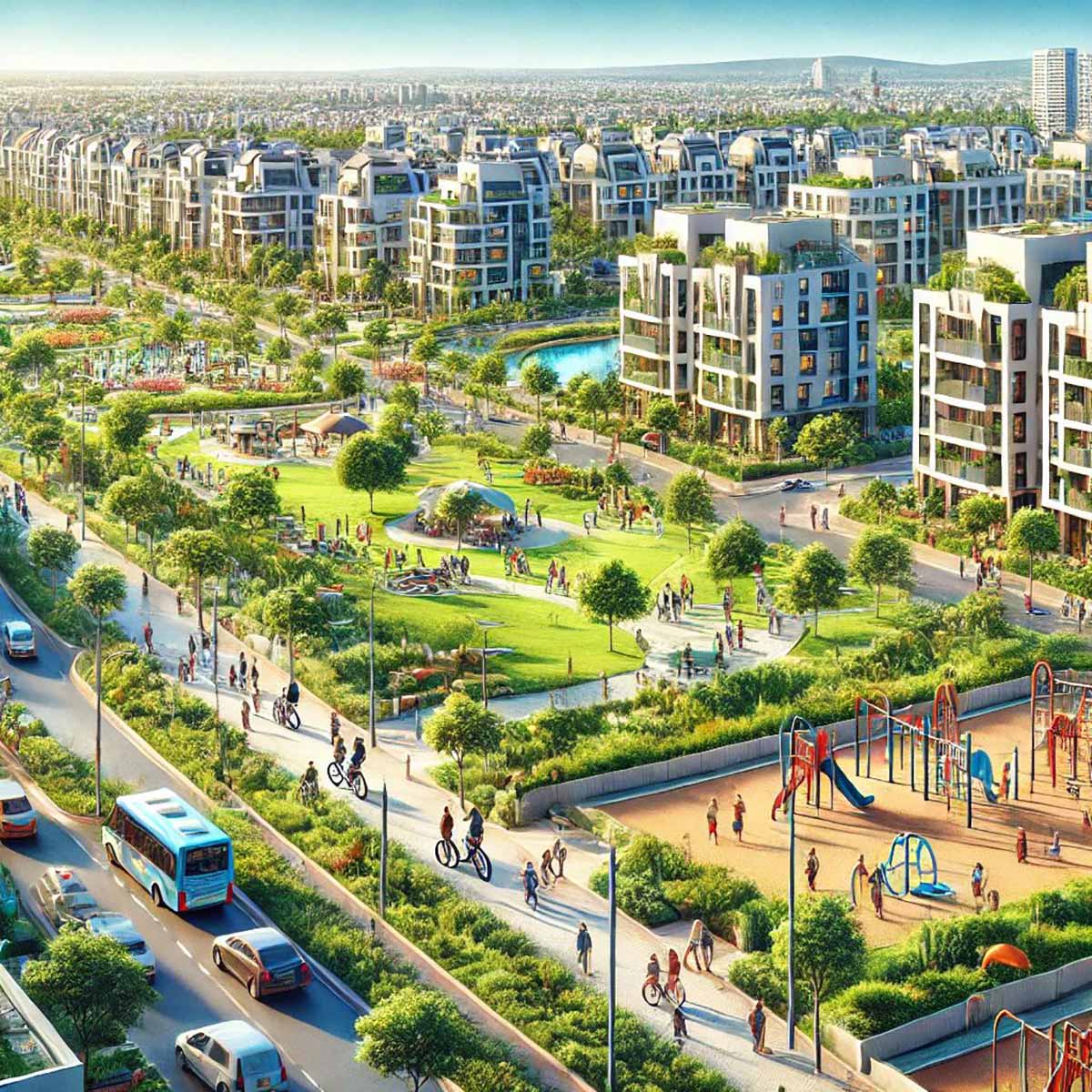 ציור של רעננה בצ'אט ג'י.פי.טי. במרכז הציור פארק רחב עם דשאים, מגרש שעשועים לילדים, עצים ואנשים רבים בפארק. בצד שמאל של הפארק שביל לאופניים ולהולכי רגל. ומשמאלו כביש עם מכוניות ואוטובוס. בצד ימין של הפארק בנייני מגורים של 5-6 קומות. עם עצים בחזיתות.