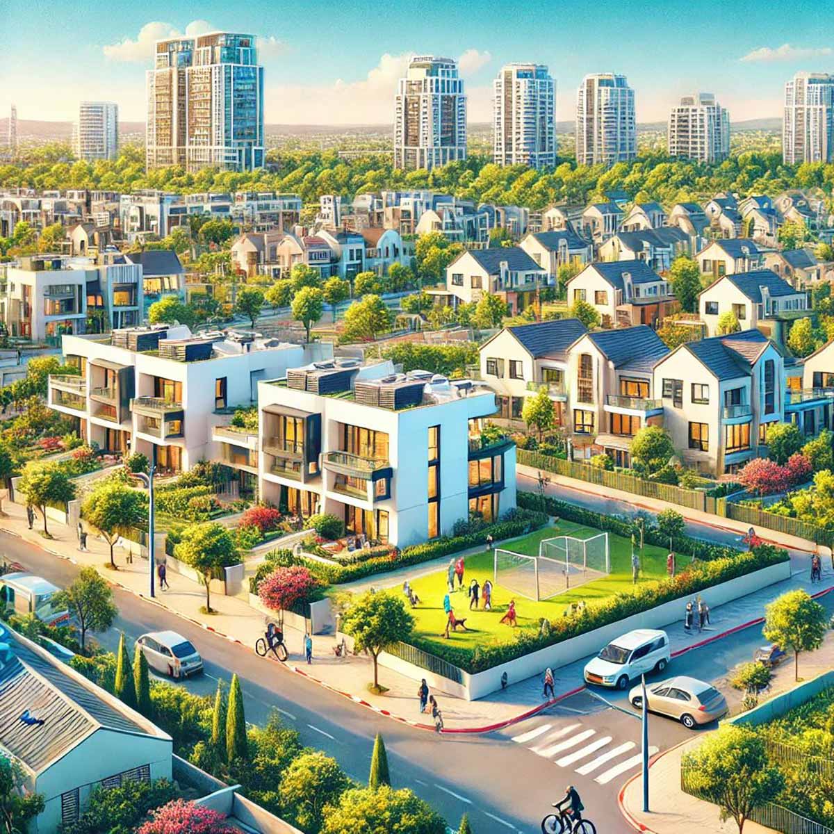 ציור של רמת השרון בצ'אט ג'י.פי.טי. בחזית שני בניינין בני שתי קומות עם דשאים מסביבם, ומגרש משחקים בצד ימין. בהמשך בתים בני שתי קומות עם גגות רעפים ואחריהם שטח ירוק עם עצים. ברקע מגדלי מגורים ומשרדים.