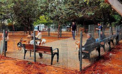 גינת כלבים חדשה ברחוב י.ל. ברוך בהרצליה. הגינה מוקפת בגדר מתכת. רוב שטח הגינה חולי, ורק חלק קטן מרוצף ובתוכו ספסלים לבעלי הכלבים ליד הגדרות. ברז מים בגינה ואישה לוקחת מים בכלי. אנשים יושבים ואנשים עומדים.