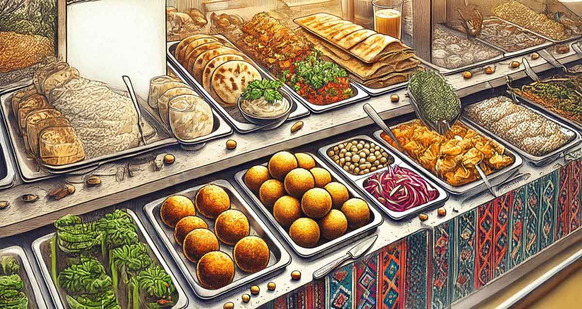 איור של דוכן פלאפל. עיבוד בינה מלאכותית