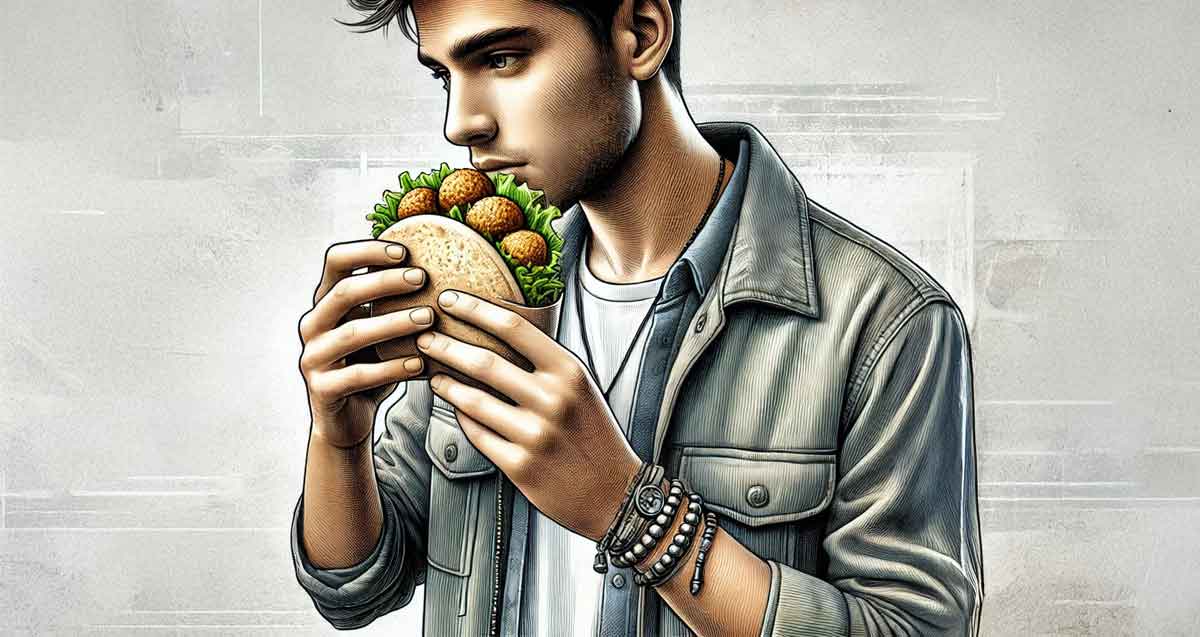 איור בינה מלכותית של בחור אוכל פיתה עם פלאפל